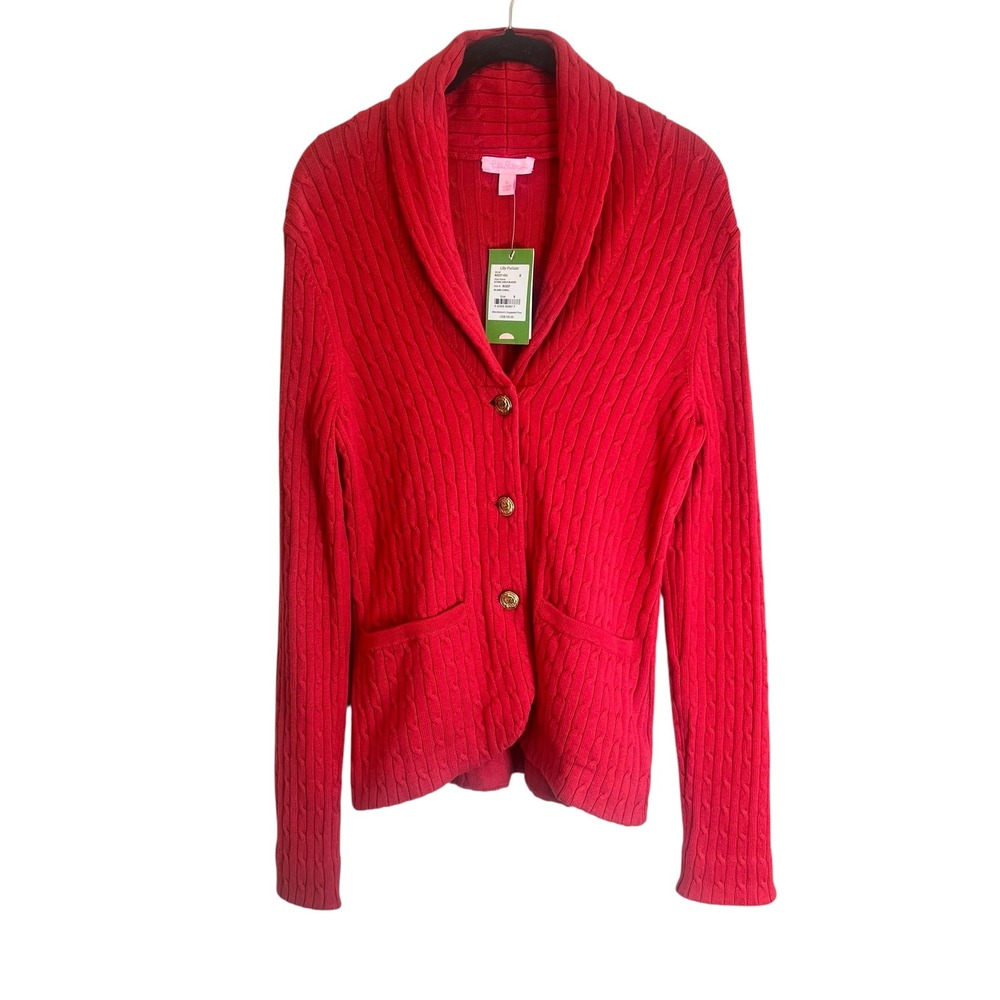 Lilly Pulitzer Red Cable‎ Knit Shawl Collar Cardigan Merino Wool Blend Sweater S